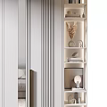 Modern White Wardrobe With Vertical Striped Double Doors And Adjacent Open Shelves With Decor