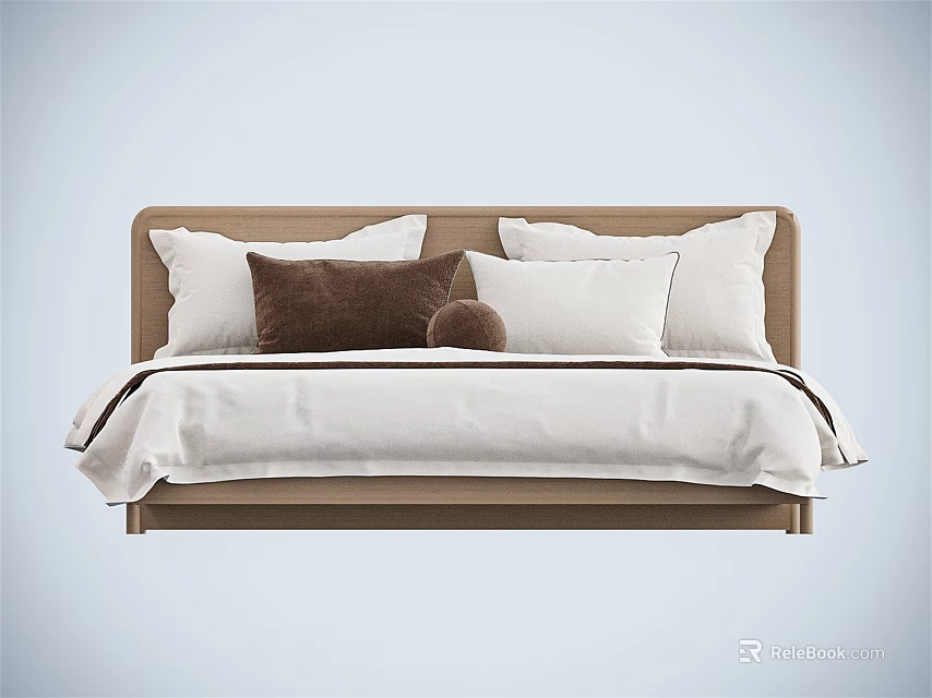 Modern Double Bed With Wooden Headboard White Bedspread And Multiple Pillows 3d model