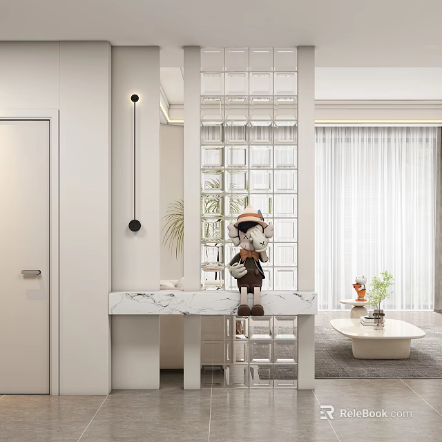Bright White Interior Living Room Featuring Glass Block Partition And Curtain 3d model 