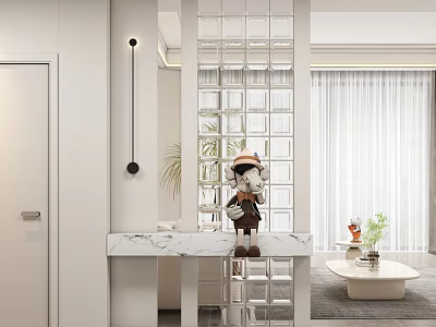 Bright White Interior Living Room Featuring Glass Block Partition And Curtain 3d model