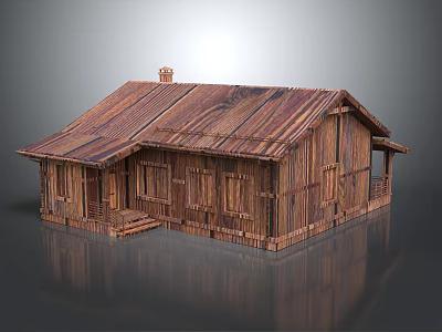 Rustic Wooden House With Wooden Roof Chimney Windows Front Porch And Wooden Steps 3d model