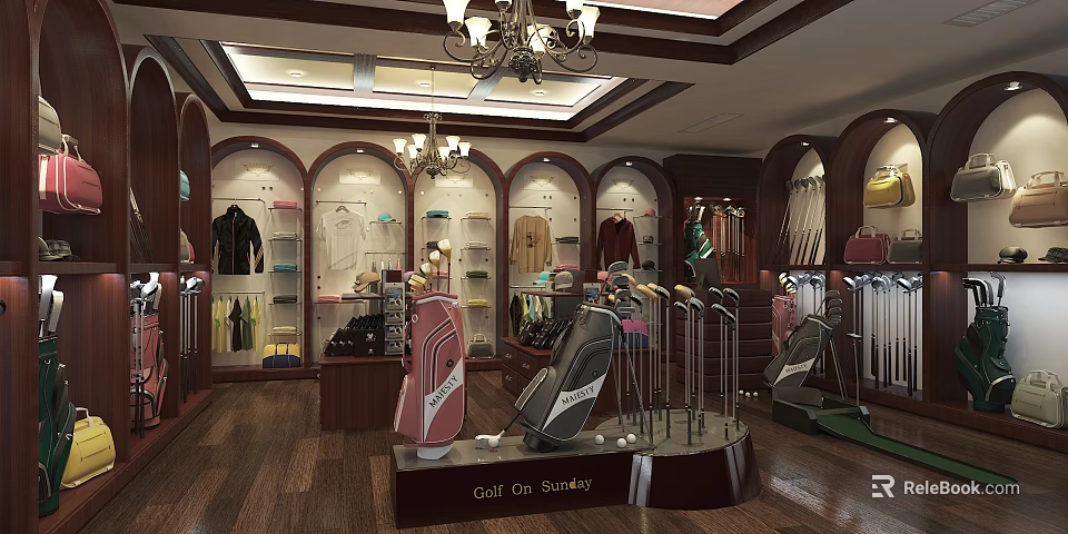 Elegant Golf Store With Golf Bags Clubs Clothing Shoes And Display Shelves 3d model 