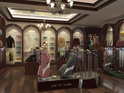Elegant Golf Store With Golf Bags Clubs Clothing Shoes And Display Shelves 3d model
