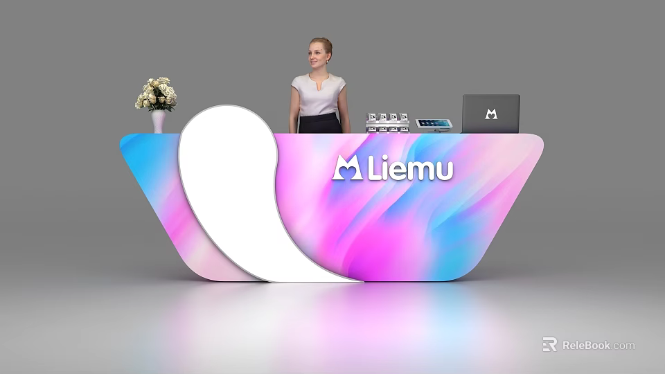 Modern Gradient Reception Desk With Laptop Water Bottles Flower Vase Liemu Logo And Receptionist 3d model 