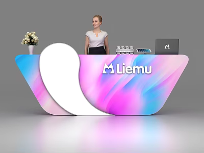 Modern Gradient Reception Desk With Laptop Water Bottles Flower Vase Liemu Logo And Receptionist 3d model