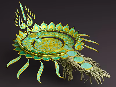 Cartoon Scene Of Decorative Lotus Shaped Plate With Green Gold Petals And Root Details 3d model