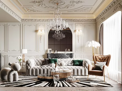 Elegant Modern Living Room Interior With Ornate Chandelier Velvet Sofa And Geometric Rug 3d model