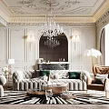 Elegant Modern Living Room Interior With Ornate Chandelier Velvet Sofa And Geometric Rug