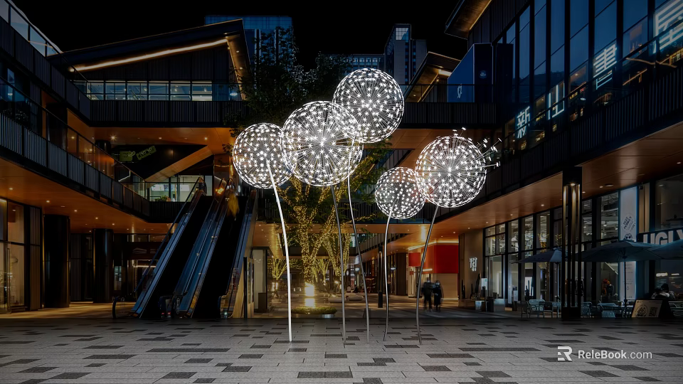 Multiple Illuminated Spherical Perforated Art Installations In Urban Outdoor Plaza With Modern Architecture 3d model 