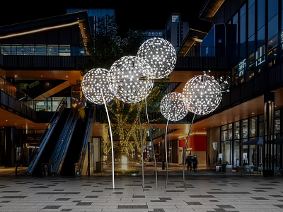Multiple Illuminated Spherical Perforated Art Installations In Urban Outdoor Plaza With Modern Architecture 3d model