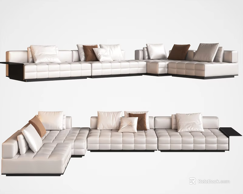 Modern White Sectional Sofa with Multiple Decorative Cushions and Sleek Black Modular Design 3d model