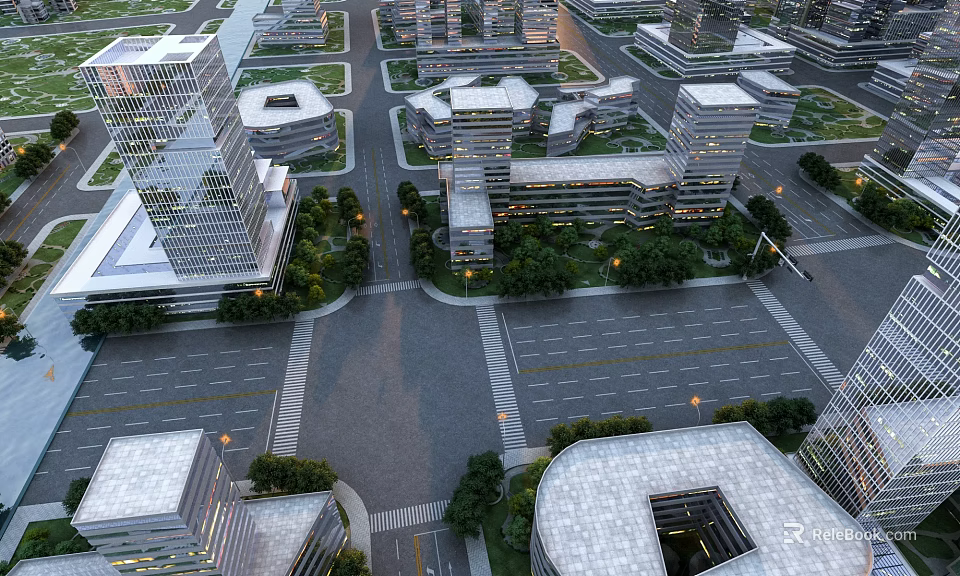Aerial Urban Planning Layout With Modern Buildings Streets And Green Landscaping 3d model 