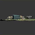 Outdoor Grass Area With Wooden Pallet Piled With Stones And Green Plastic Bin
