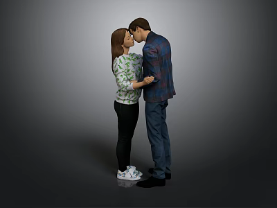 Man In Plaid Shirt And Jeans Facing Woman With Green Patterned Top On Gray Background 3d model