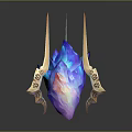 Mythical Character's Creature Inspired Glowing Blue Crystal Armament With Golden Spiked Wings And Symbols