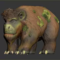 3D Artistic Bear Creature Sculpture With Orange Green Fur Moss Covered Details And Sharp Claws