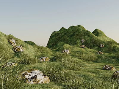 Green Hills Landscape Garden With Lush Grass And Scattered White Stones Under Blue Sky 3d model