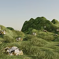 Green Hills Landscape Garden With Lush Grass And Scattered White Stones Under Blue Sky