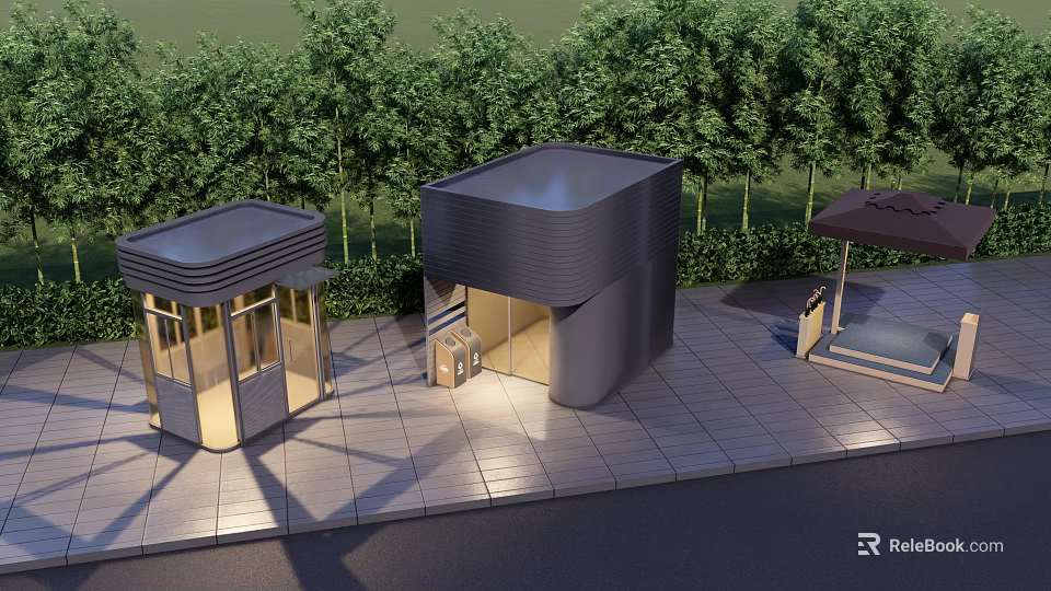 Modern Architectural Pavilions With Glass Facades And Tree Surroundings On Tile Floor 3d model 