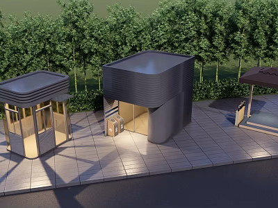 Modern Architectural Pavilions With Glass Facades And Tree Surroundings On Tile Floor 3d model