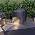 Modern Architectural Pavilions With Glass Facades And Tree Surroundings On Tile Floor