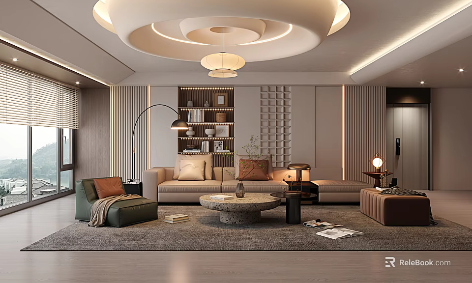 Modern Living Room Interior With Sofa Coffee Table Floor Lamp And Decorative Wall 3d model 