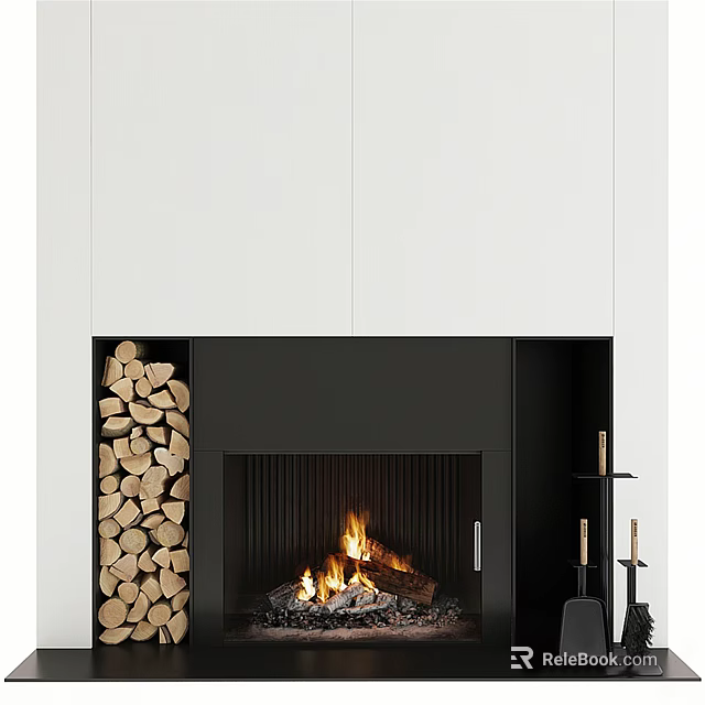 Modern Black Fireplace Interior Design With Burning Fire Wood Stack And Tools 3d model