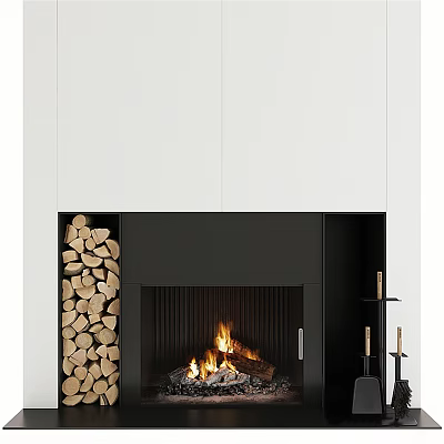 Modern Black Fireplace Interior Design With Burning Fire Wood Stack And Tools 3d model