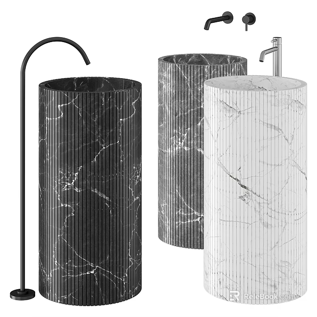 Modern Cylindrical Marble Washbasin in Black Gray White with Textured Surface and Faucet 3d model 
