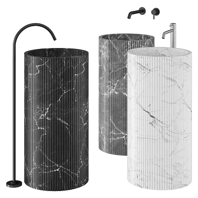 Modern Cylindrical Marble Washbasin in Black Gray White with Textured Surface and Faucet 3d model