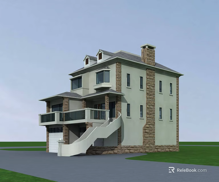 Two Story Detached Villa With Stone Exterior Balcony And Chimney Staircase 3d model 