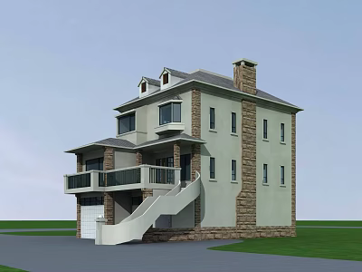 Two Story Detached Villa With Stone Exterior Balcony And Chimney Staircase 3d model