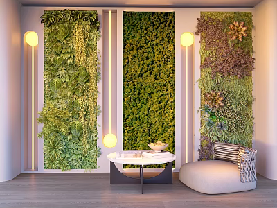 Floral Art Installation With Indoor Green Plant Walls Decorative Lights Round Table And Sofa 3d model