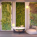 Floral Art Installation With Indoor Green Plant Walls Decorative Lights Round Table And Sofa