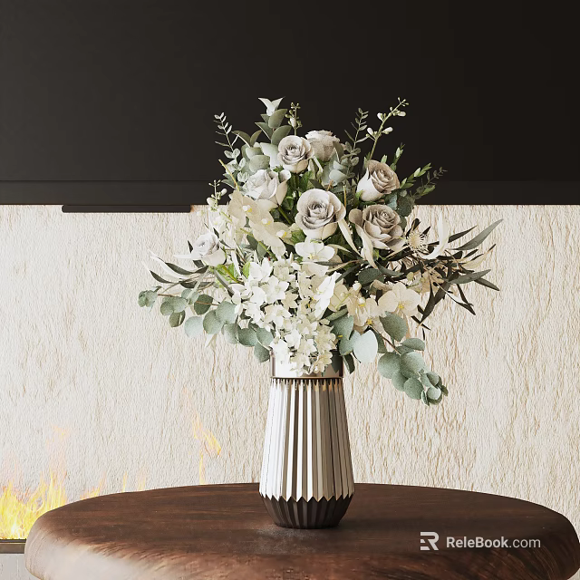 Blooming Bonsai Plant With White Green Flowers In Silver Striped Pot On Brown Table 3d model 