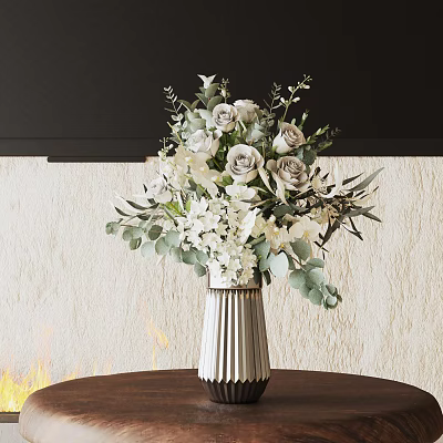 Blooming Bonsai Plant With White Green Flowers In Silver Striped Pot On Brown Table 3d model