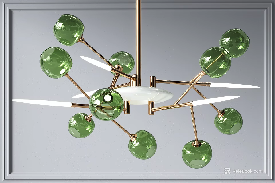 Modern Chandelier With Green Glass Balls And Golden Metal Frame For Interior Decor 3d model 