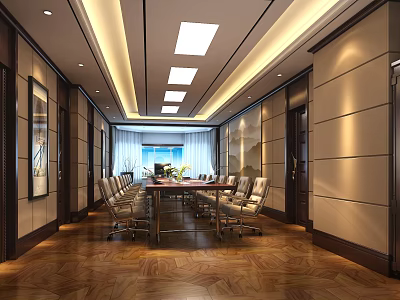 Elegant Modern Conference Room With Long Table Leather Chairs And Wooden Flooring 3d model