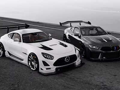 White and Black Sleek Sports Cars With Sporty Design And Rear Spoilers On Road 3d model
