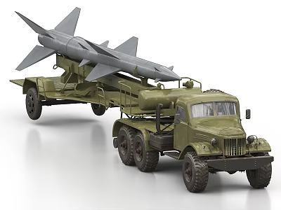 Green Military Truck Carrying Missile on Trailer with Vintage Design and Heavy Duty Wheels 3d model