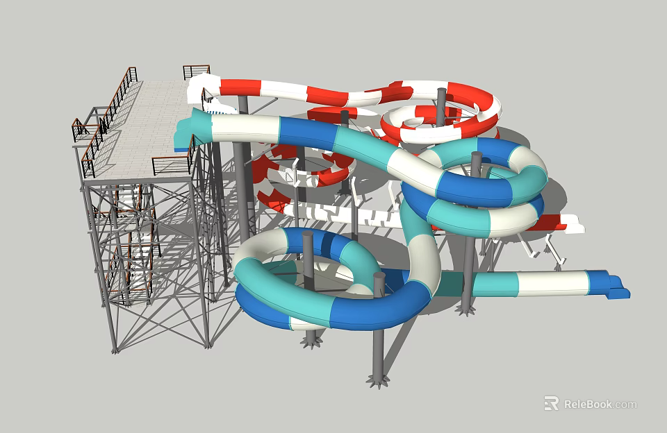 Colorful Water Park Slide Structure With Red Blue White Tubes And Metal Frames 3d model 