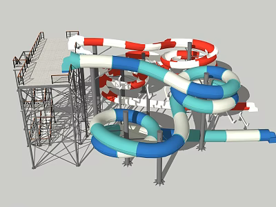 Colorful Water Park Slide Structure With Red Blue White Tubes And Metal Frames 3d model