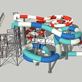 Colorful Water Park Slide Structure With Red Blue White Tubes And Metal Frames