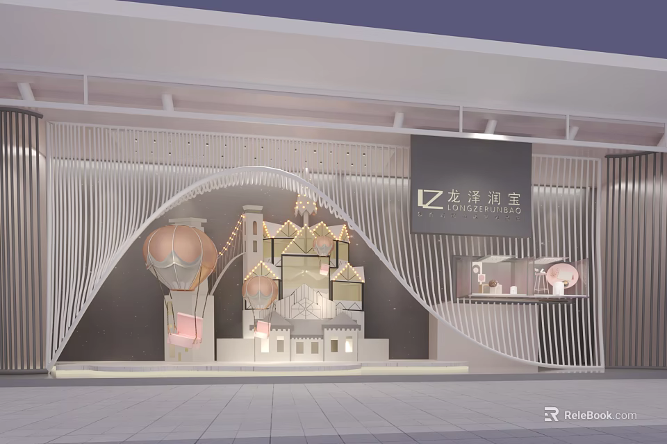Elegant Jewelry Storefront Window With Arched Design Decorative Architectural Models And Hot Air Balloon Decorations 3d model 