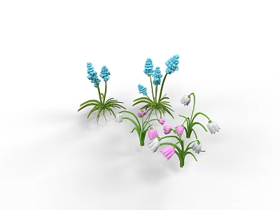 Vibrant Blue And Pink Decorative Flowers With Green Leaves In Garden 3d model