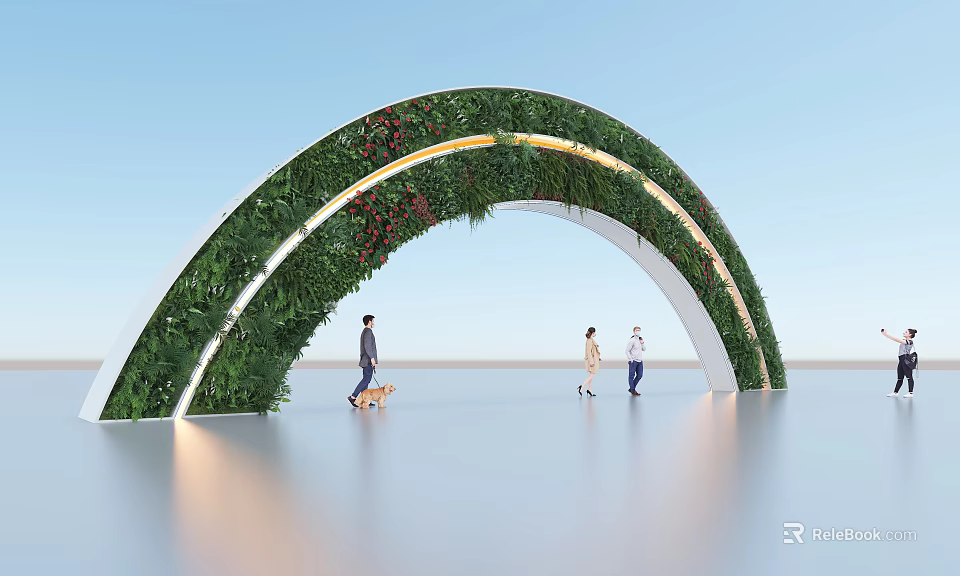 Modern Arc Shaped Archway Covered In Greenery With Lighting And People 3d model 