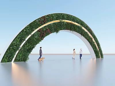 Modern Arc Shaped Archway Covered In Greenery With Lighting And People 3d model