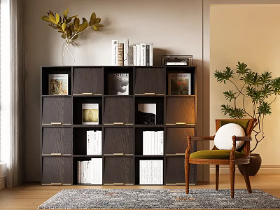 Modern Dark Wood Bookcase With Books Decor And Accent Chair Near Window 3d model