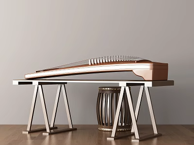 Wooden Chinese Zither On Metal Stand Table With Round Stool Interior Decor 3d model
