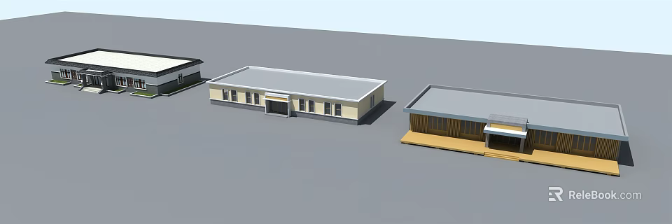 Three Architectural Building Models With Different Roof Styles And Exterior Designs 3d model 